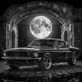 Vintage car under a large moon in an archway