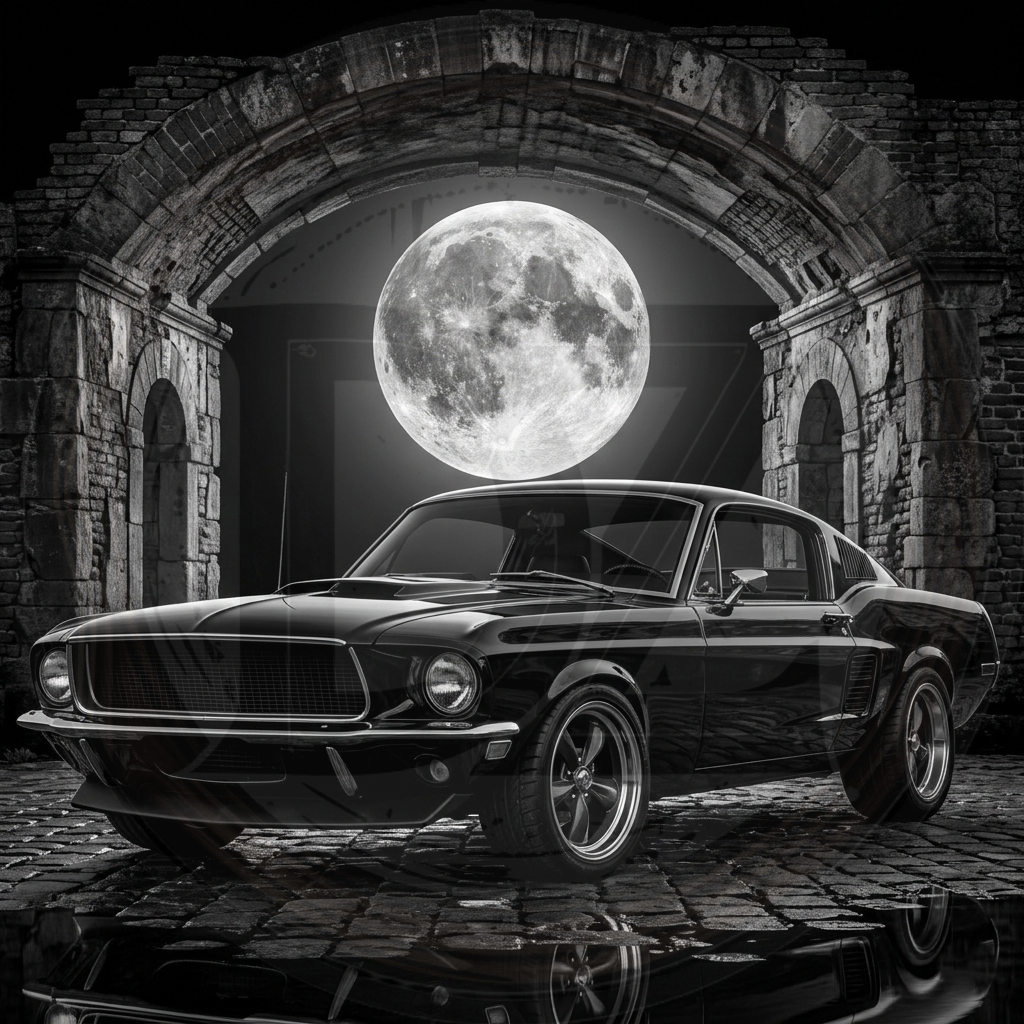 Vintage car under a large moon in an archway