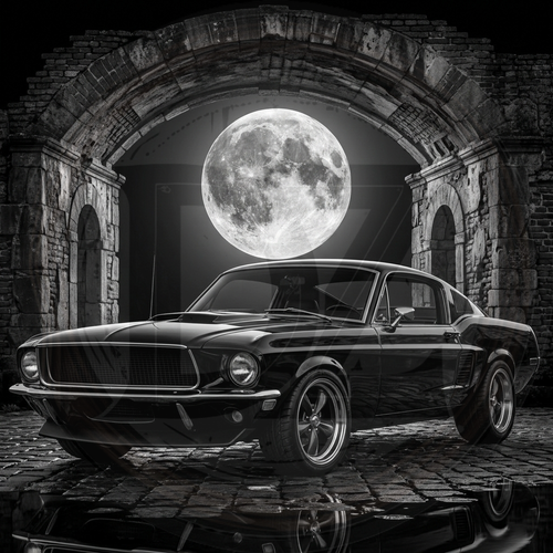 Vintage car under a large moon in an archway