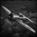 Vintage airplane flying through clouds in black and white