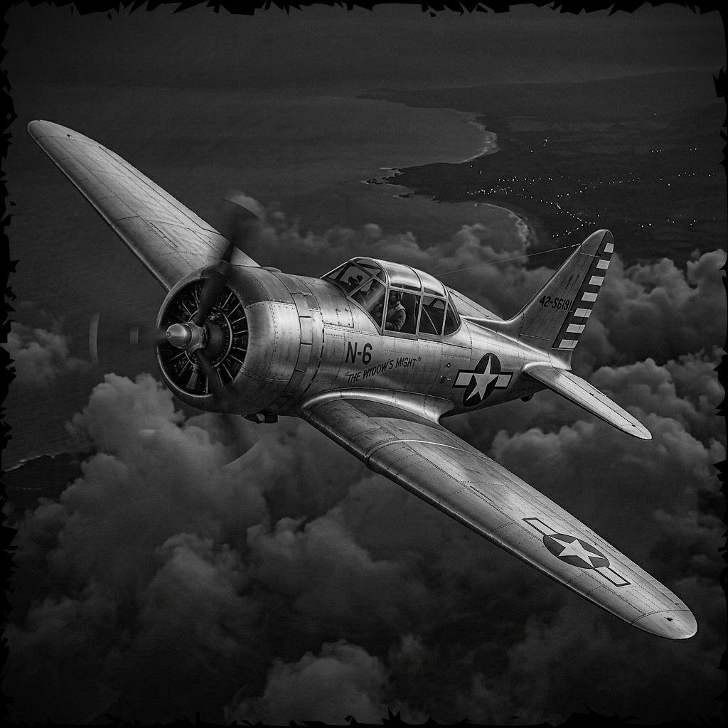 Vintage airplane flying through clouds in black and white