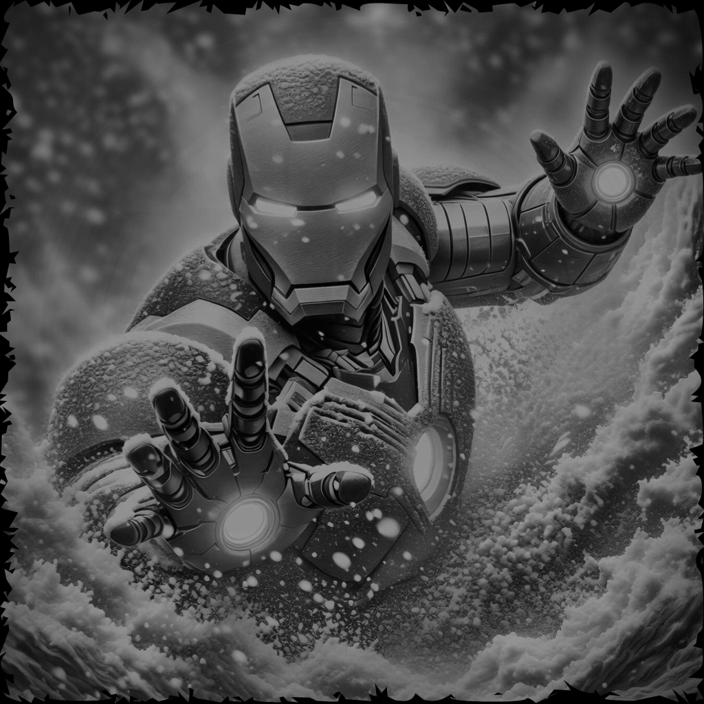 Character in a suit with glowing hands in a snowy environment