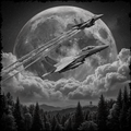 Two fighter jets flying in front of a large moon with a forest and tower in the foreground.