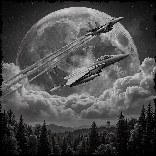 Two fighter jets flying in front of a large moon with a forest and tower in the foreground.