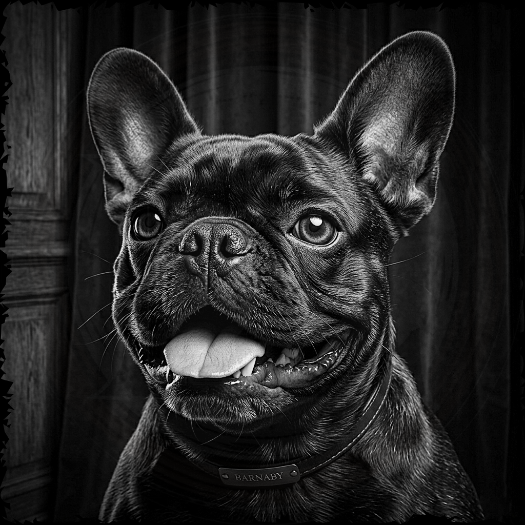 Black and white photo of a dog with a dark background
