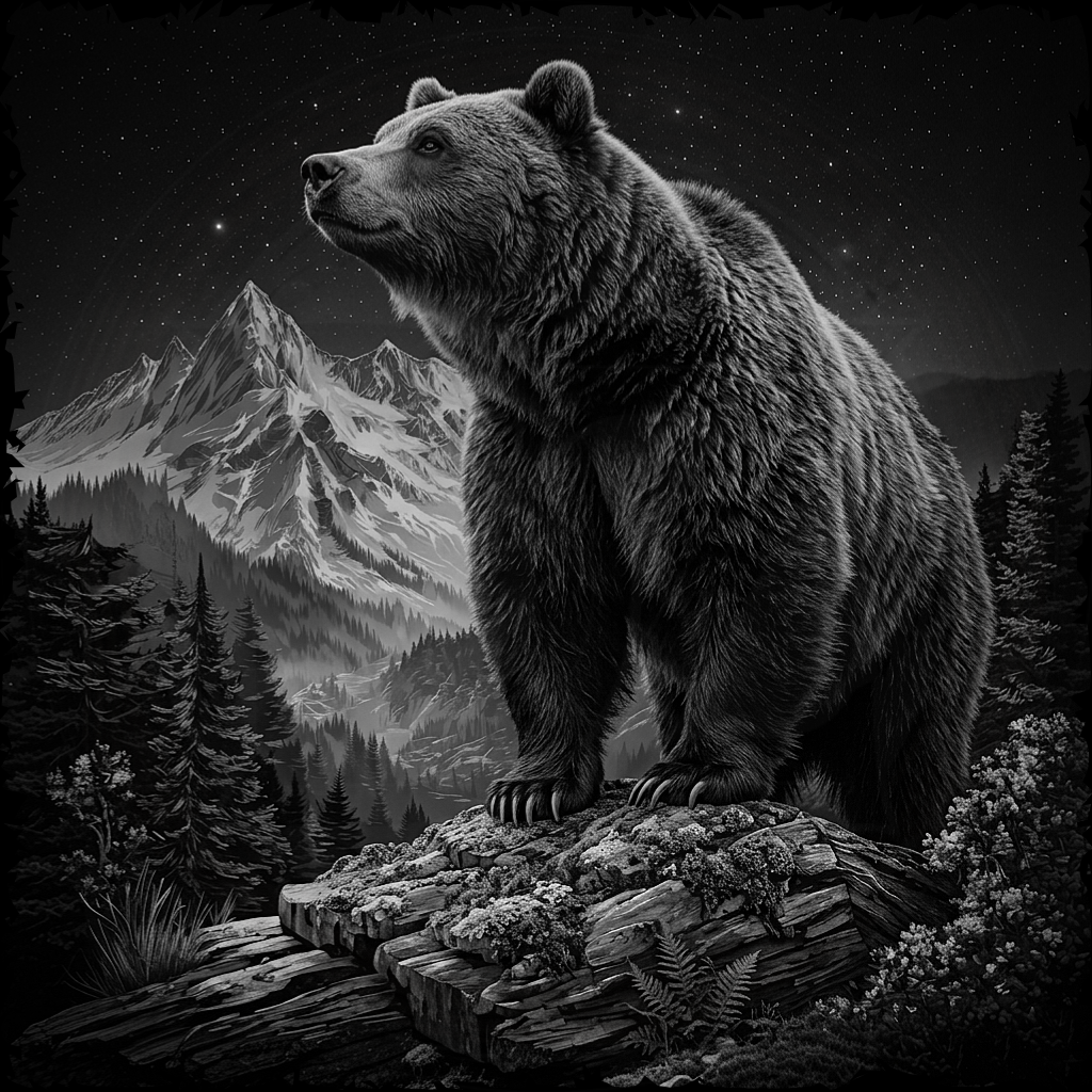 Black and white bear standing on a rock with mountains and trees in the background