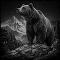 Black and white bear standing on a rock with mountains and trees in the background