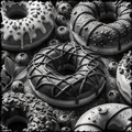 Black and white image of various decorated donuts with berries.