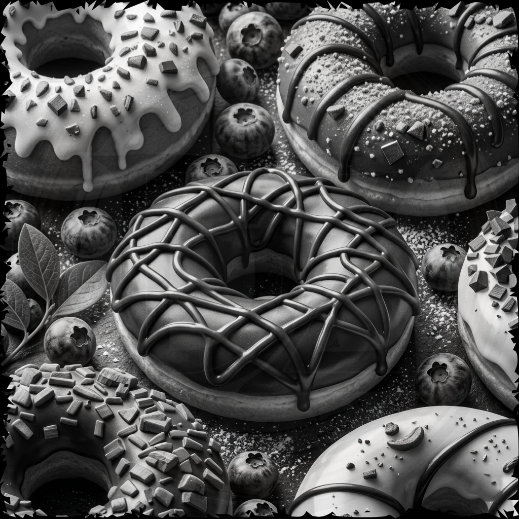 Black and white image of various decorated donuts with berries.