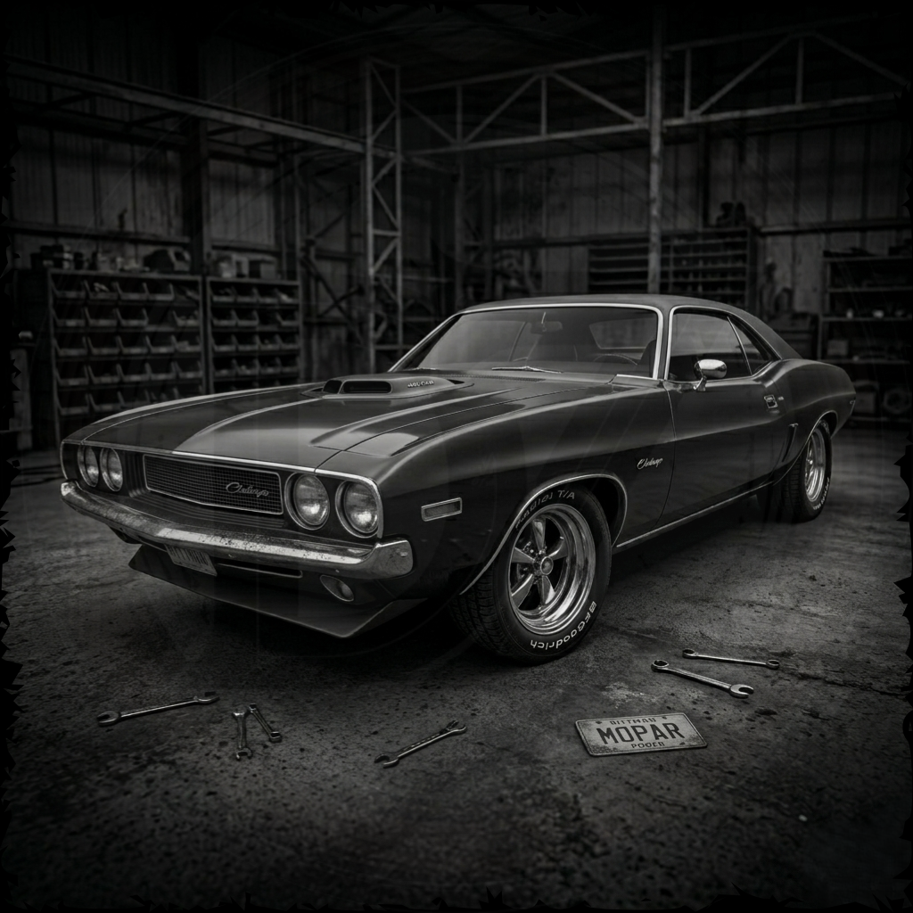 Vintage muscle car in a warehouse setting with tools on the ground.