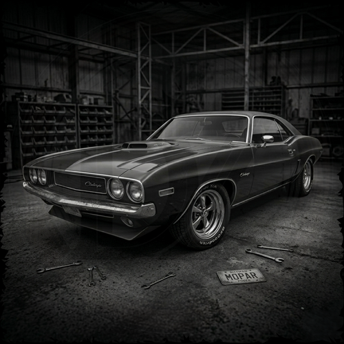 Vintage muscle car in a warehouse setting with tools on the ground.