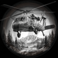 Helicopter flying over a mountainous landscape with trees.
