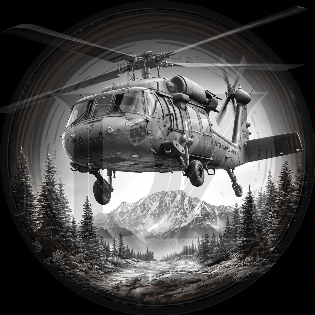 Helicopter flying over a mountainous landscape with trees.