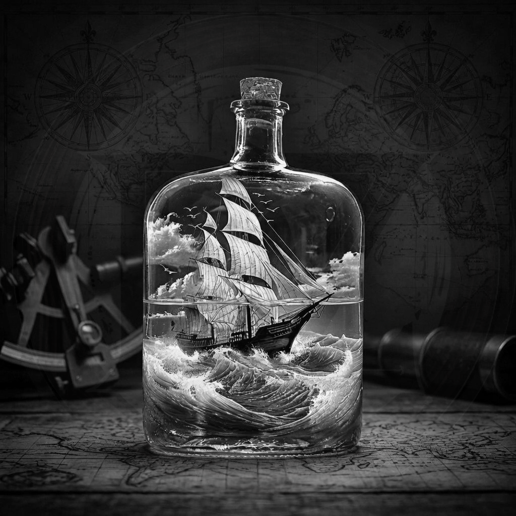 Model ship in a bottle with nautical theme