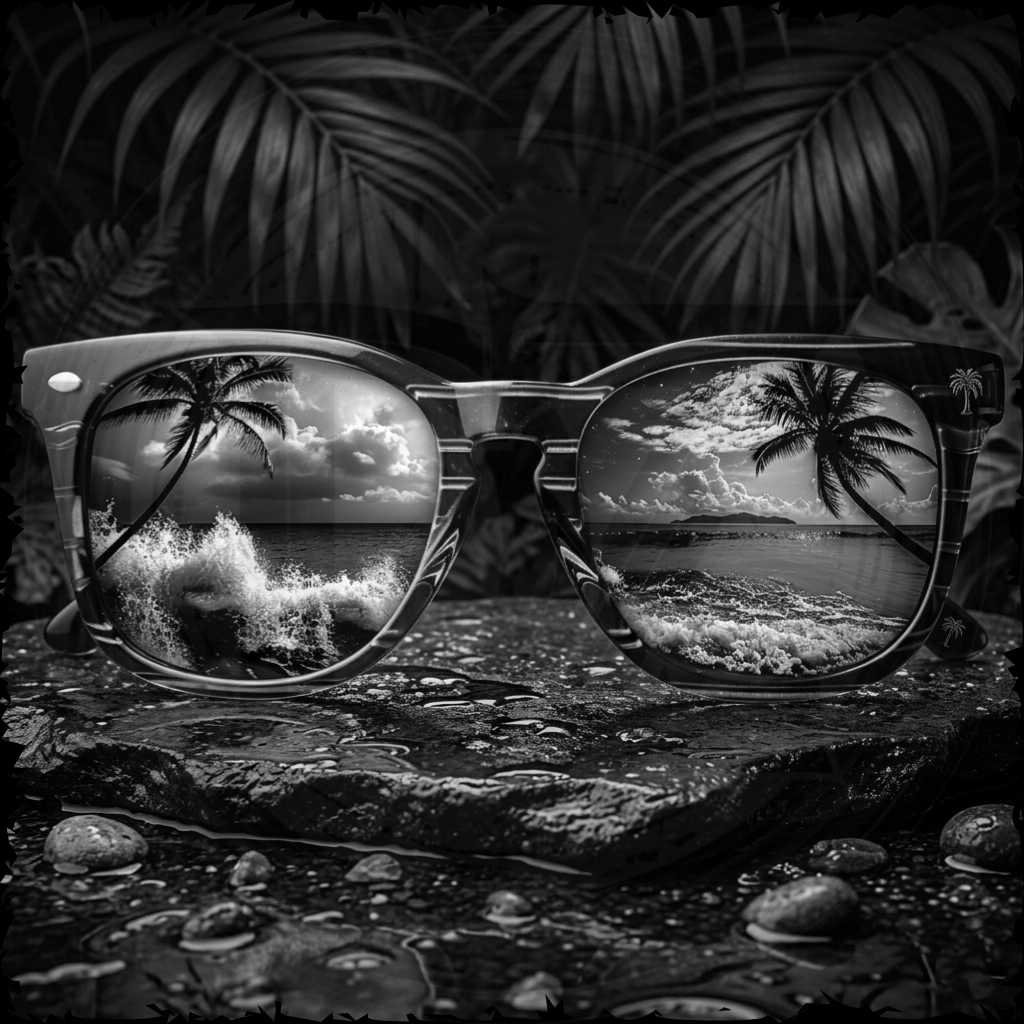 Sunglasses with a reflective view of a tropical beach scene on a dark background with palm leaves.
