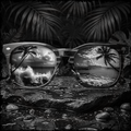 Sunglasses with a reflective view of a tropical beach scene on a dark background with palm leaves.