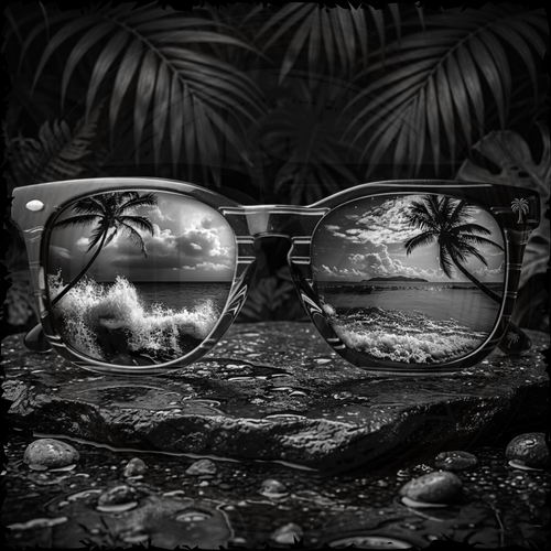 Sunglasses with a reflective view of a tropical beach scene on a dark background with palm leaves.