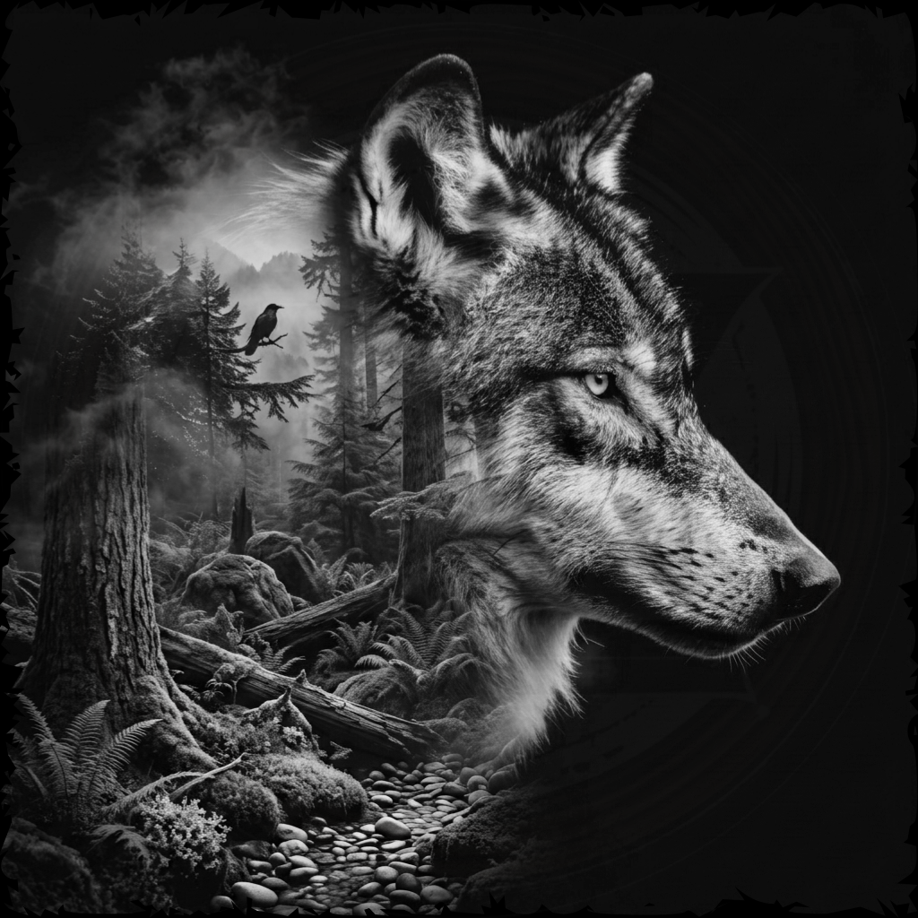 Wolf in a forest with a dark, moody atmosphere