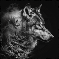 Wolf in a forest with a dark, moody atmosphere