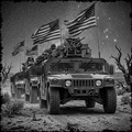 Row of military vehicles with American flags in a desert setting