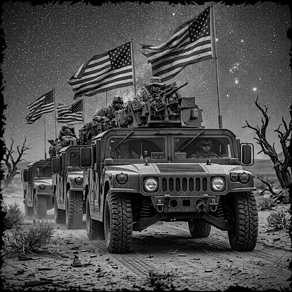 Row of military vehicles with American flags in a desert setting