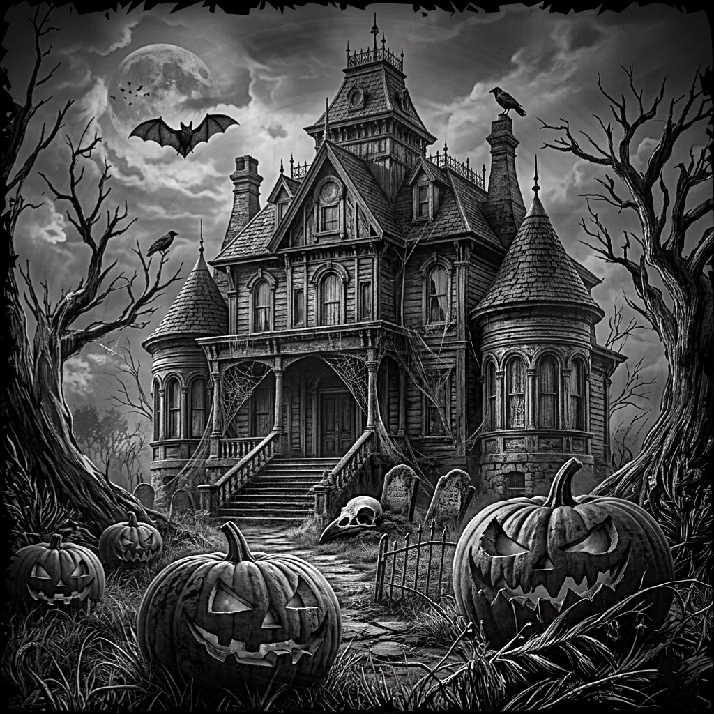 Illustration of a spooky haunted house with pumpkins and bats on a Halloween-themed background.