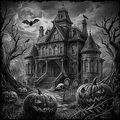 Illustration of a spooky haunted house with pumpkins and bats on a Halloween-themed background.
