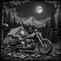 Motorcycle and camping tent under a full moon in a forest with a mountain in the background
