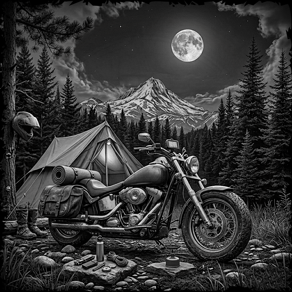 Motorcycle and camping tent under a full moon in a forest with a mountain in the background