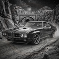 Vintage muscle car driving on a rocky road with a bridge in the background