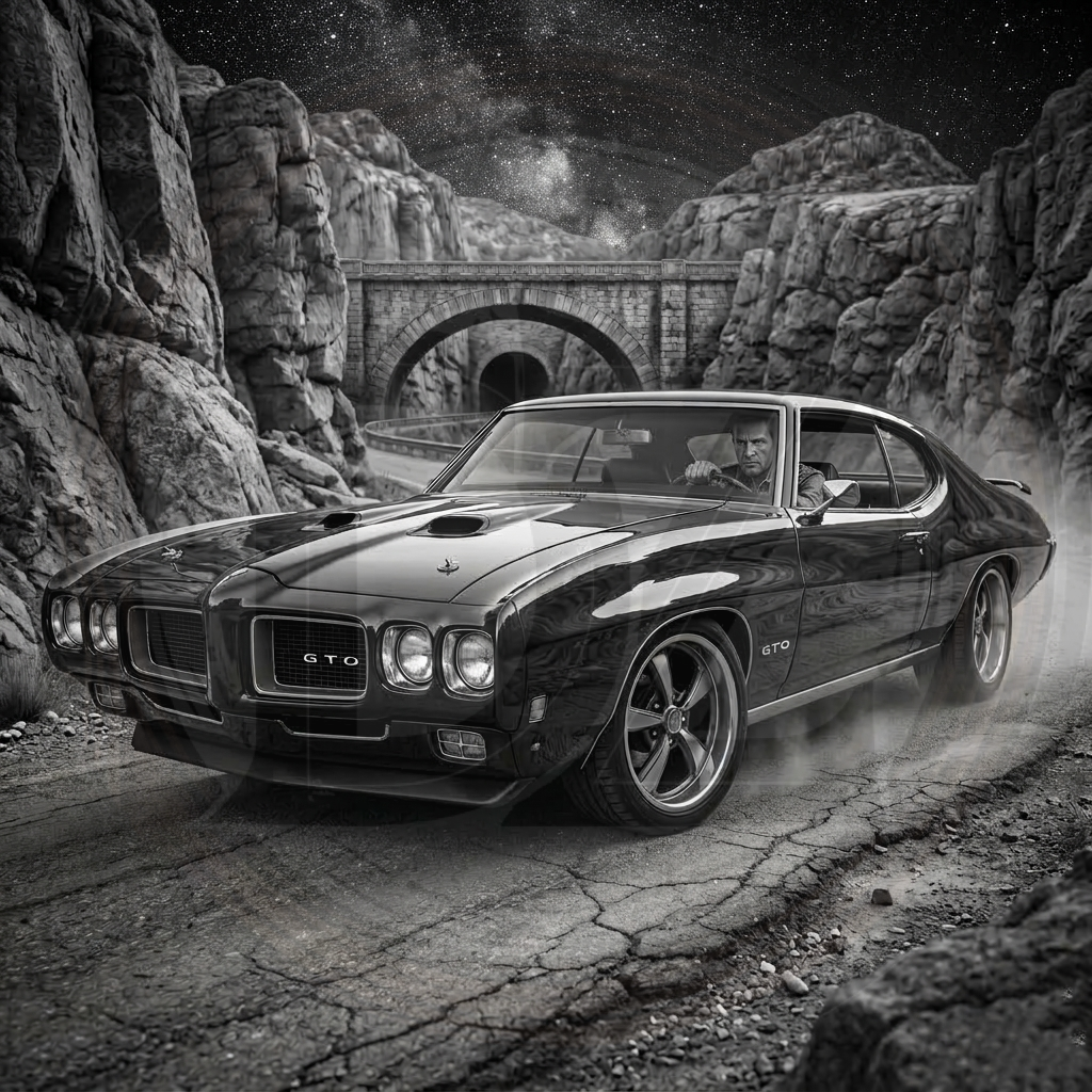 Vintage muscle car driving on a rocky road with a bridge in the background