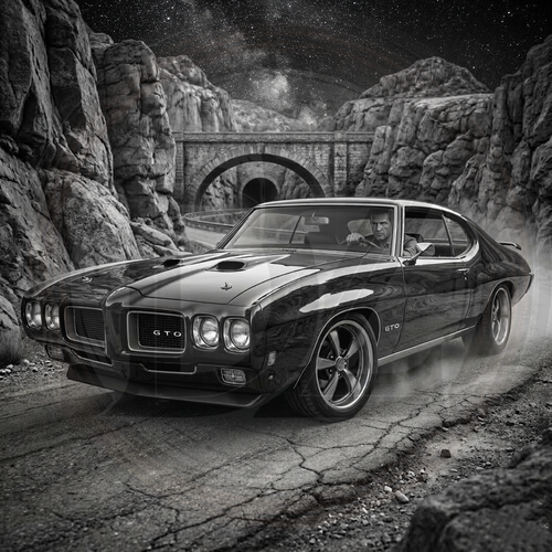 Vintage muscle car driving on a rocky road with a bridge in the background