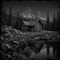 Black and white illustration of a cabin by a lake with mountains in the background