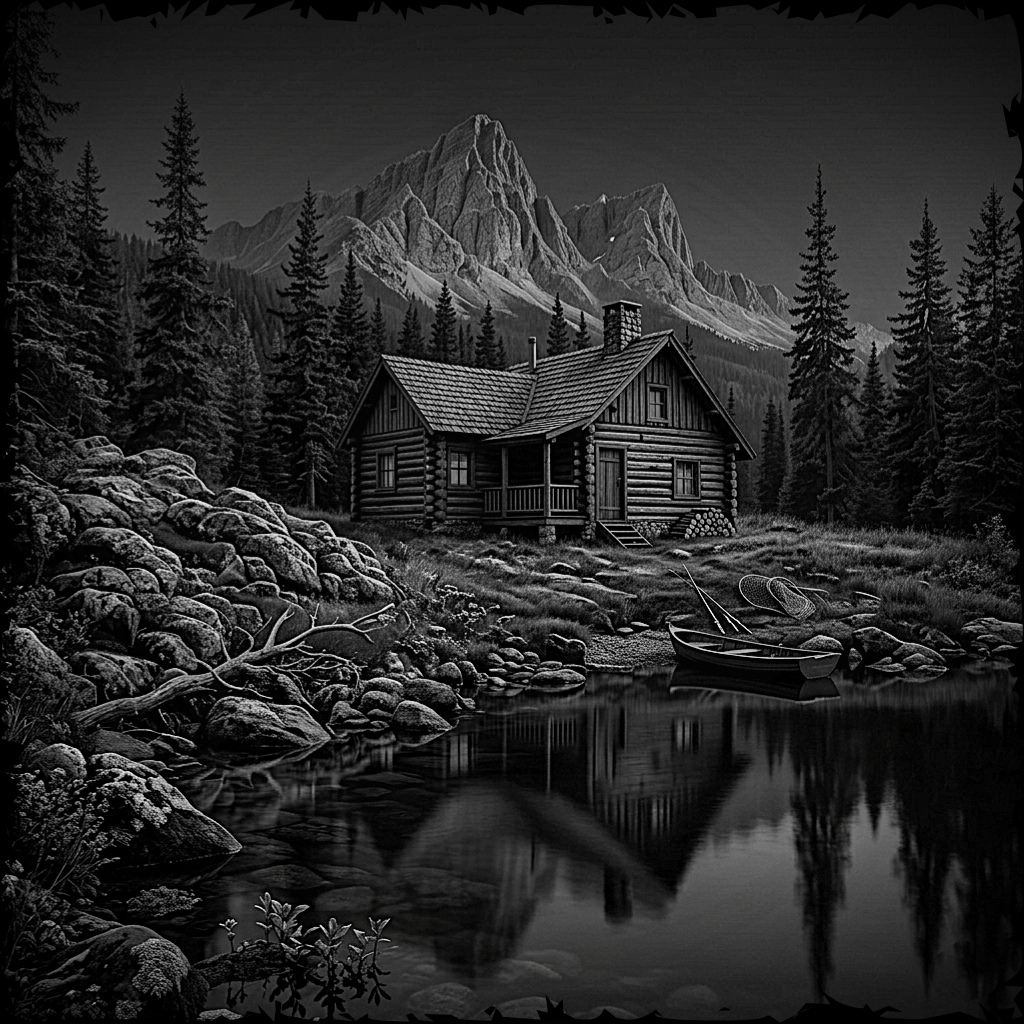 Black and white illustration of a cabin by a lake with mountains in the background