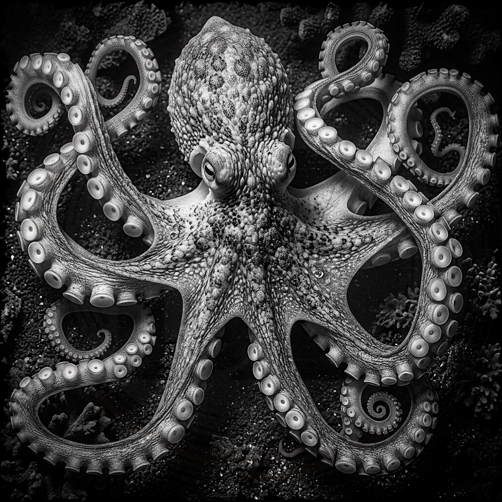 Black and white photo of an octopus on a dark background