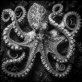 Black and white photo of an octopus on a dark background