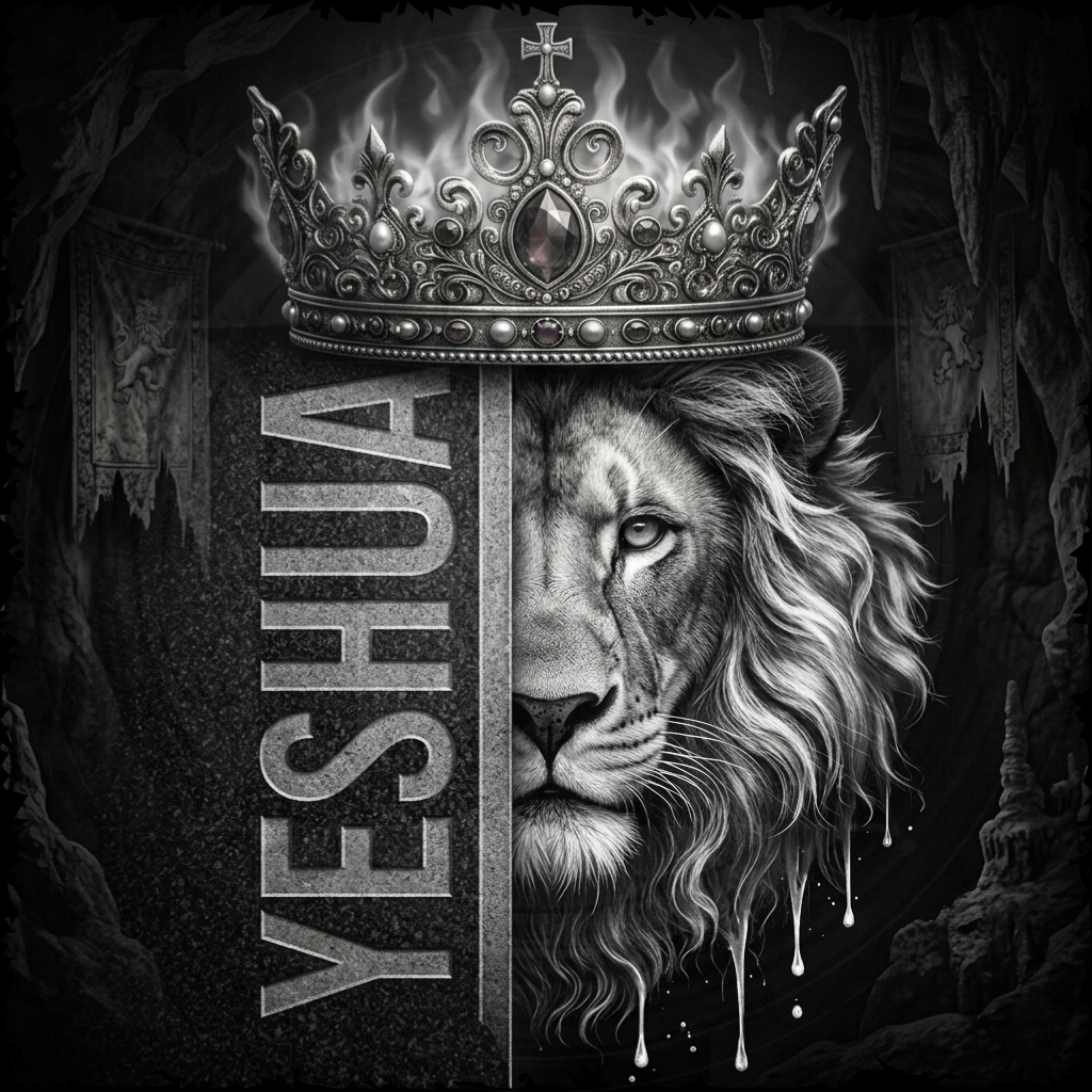 Lion's head with a crown and 'Yeshua' text on a dark background