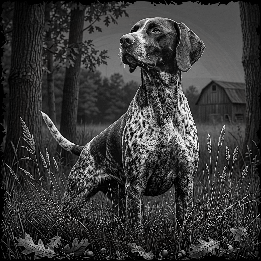 Dog standing in a forest with a barn in the background