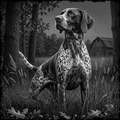 Dog standing in a forest with a barn in the background