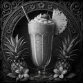 Black and white illustration of a milkshake with whipped cream, a cherry, and a pineapple slice, surrounded by decorative elements.