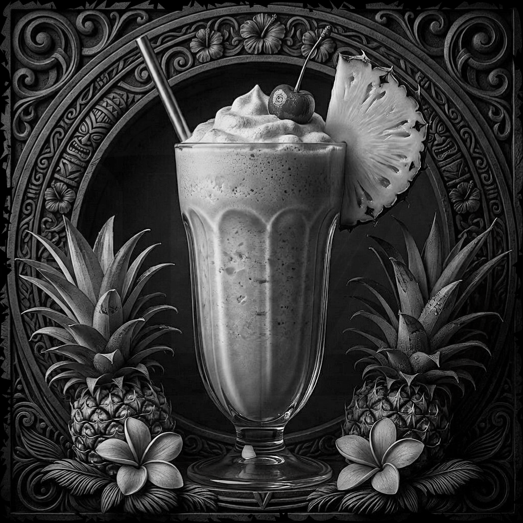 Black and white illustration of a milkshake with whipped cream, a cherry, and a pineapple slice, surrounded by decorative elements.