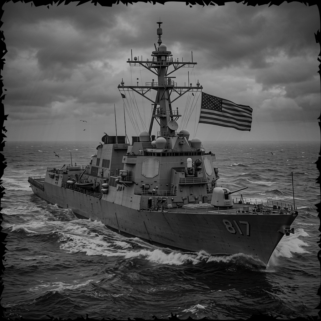 Navy ship with American flag on a stormy sea
