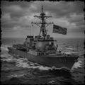 Navy ship with American flag on a stormy sea