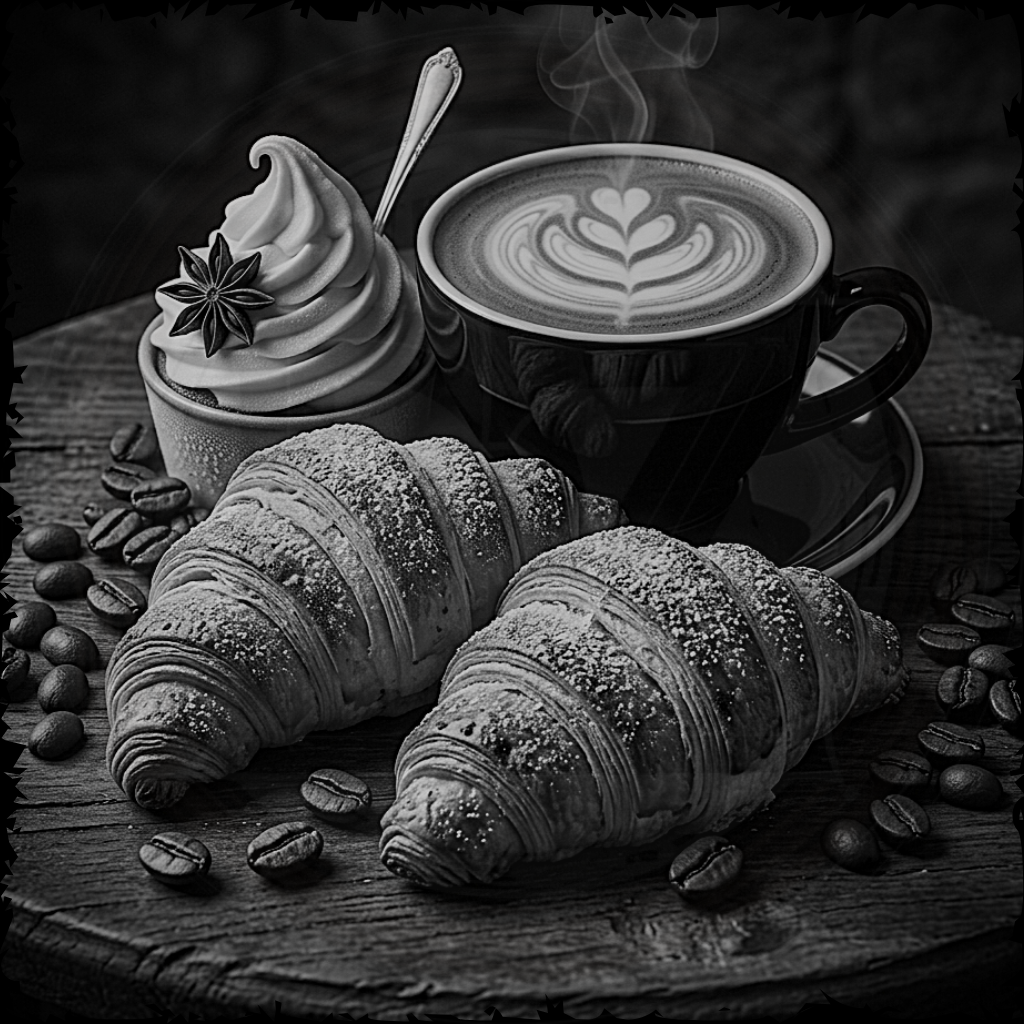Black and white image of a cup of coffee with a latte art design, two croissants, and a dessert on a wooden surface.