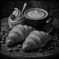 Black and white image of a cup of coffee with a latte art design, two croissants, and a dessert on a wooden surface.
