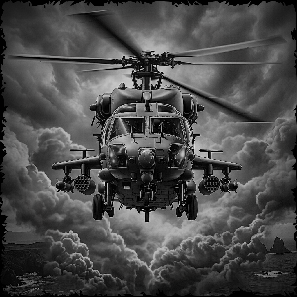 Black and white helicopter flying through dramatic clouds with a coastal landscape below.