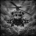Black and white helicopter flying through dramatic clouds with a coastal landscape below.