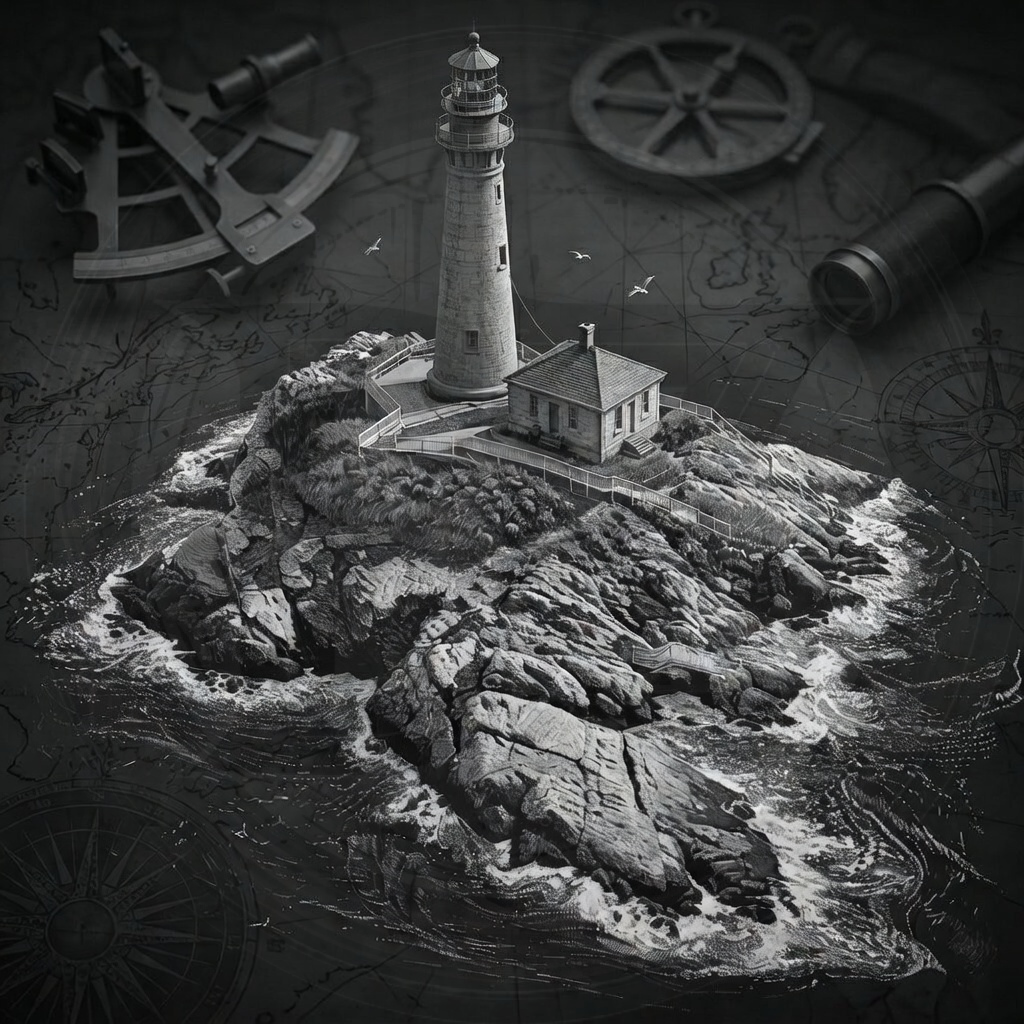 Black and white illustration of a lighthouse on a rocky island with navigational tools around.