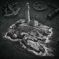 Black and white illustration of a lighthouse on a rocky island with navigational tools around.