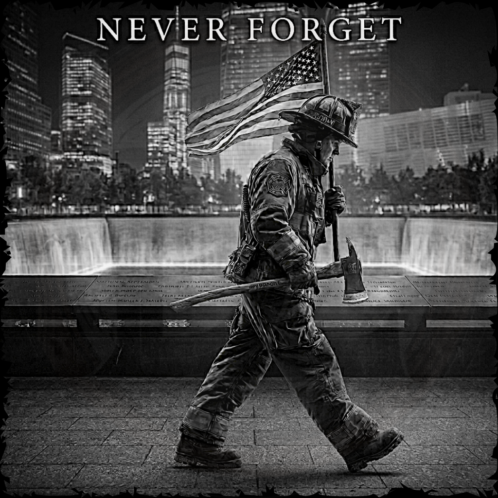 Firefighter holding an American flag with 'Never Forget' text over a cityscape background